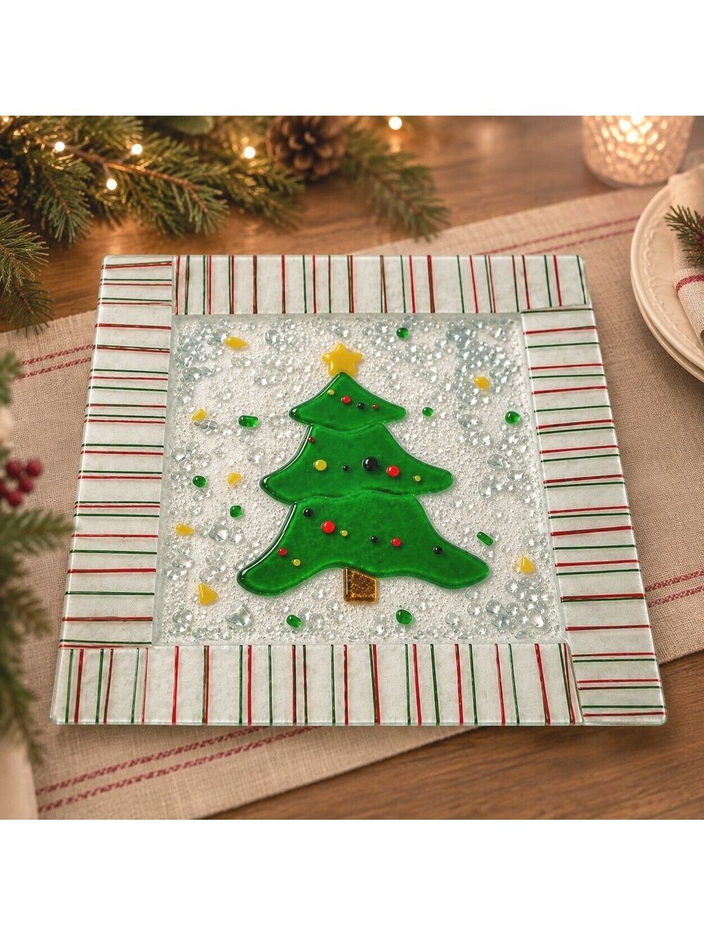 Christmas Tree Glass Platter 13 Inch Square Holiday Serving Plate Decor